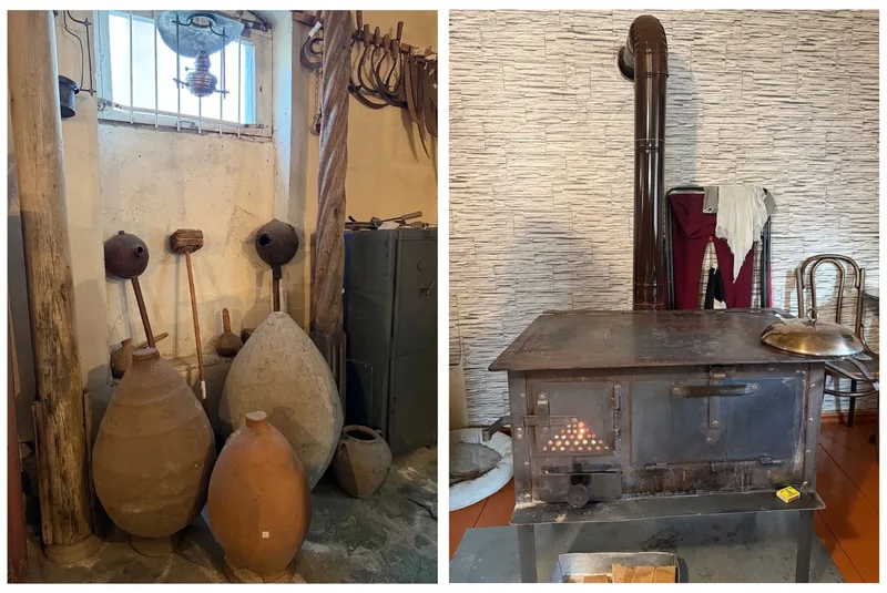Traditional kvevri vessels at the local museum in Oni \- large earthenware containers buried underground for fermenting, storing, and aging Georgian wine, a practice that shapes the wine’s distinctive character (left); An example of a wood burning stove used by locals in Oni during winter time (right).