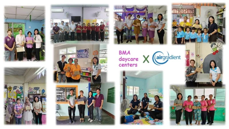 Compilation of photos showing AirGradient monitors installed in various daycare centers.
